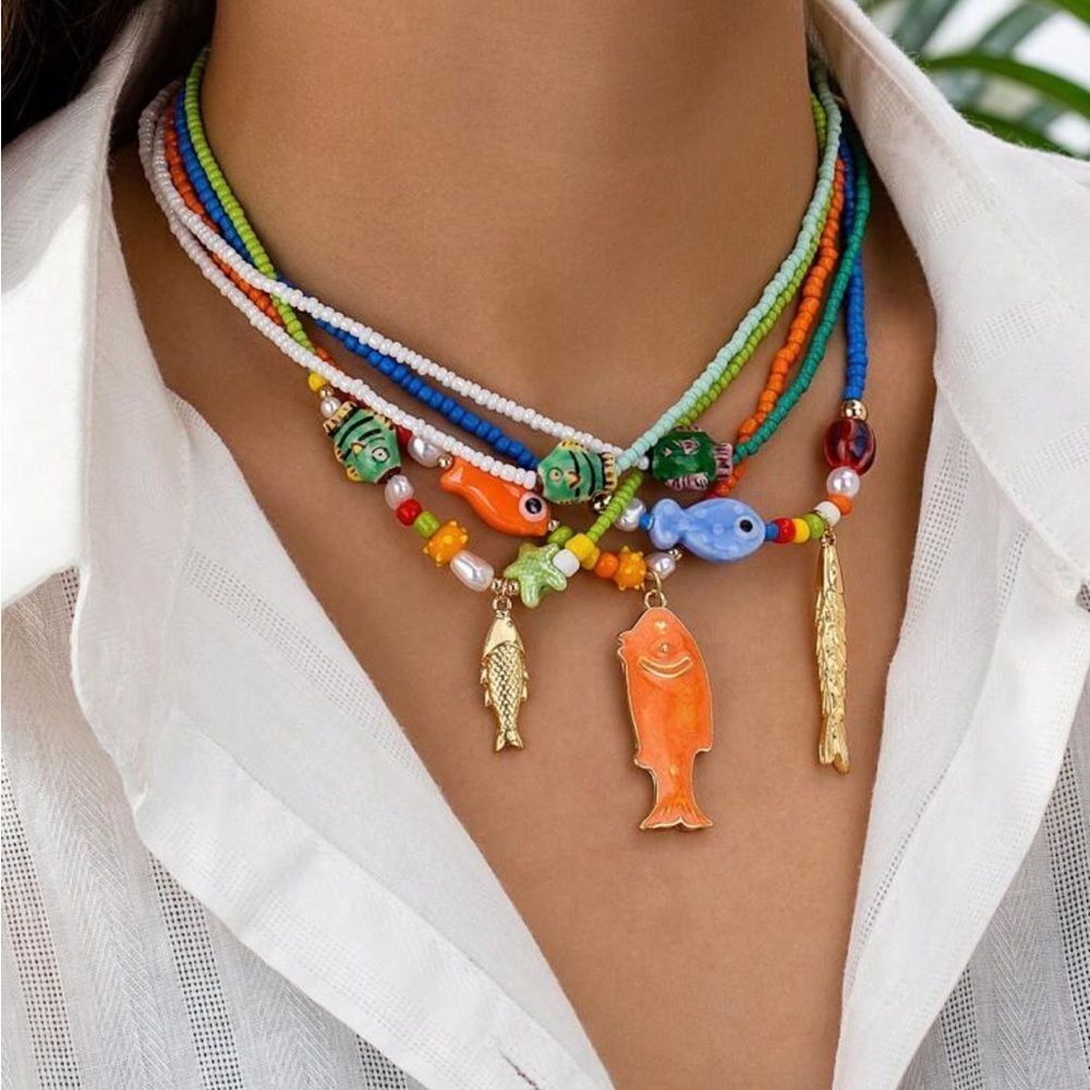 Green Beaded Necklace with Fish Charm R282